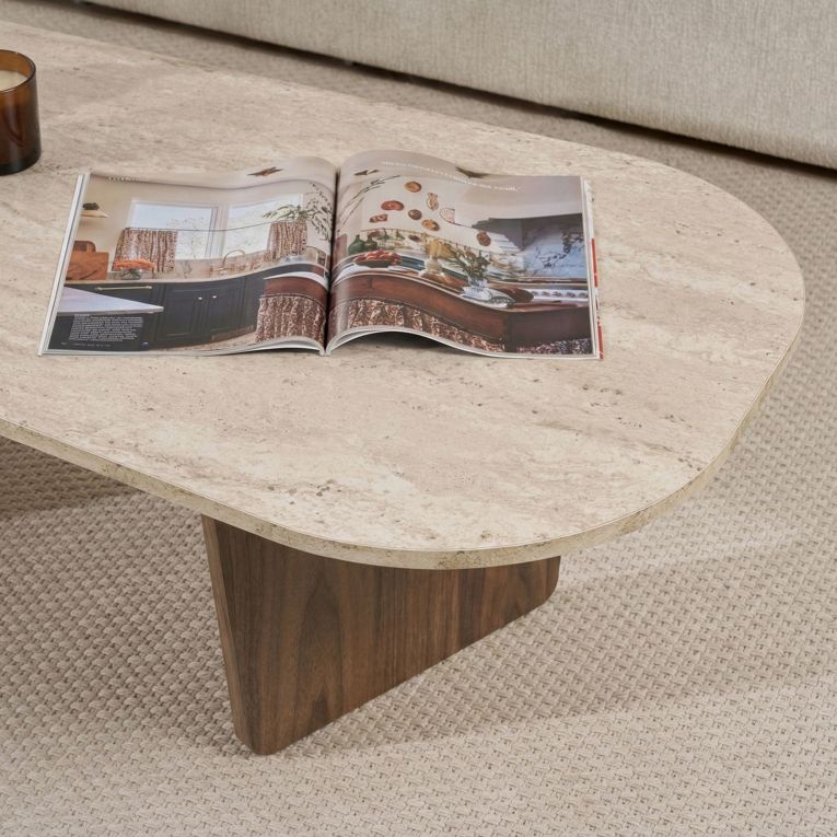 Tavolino da Salotto Marrone Noce Beige Marmo Forma Rettangolare Materiale Piano in Legno Nobilitato 130x65x40h cm, Colore Ripiano Beige - Dozza