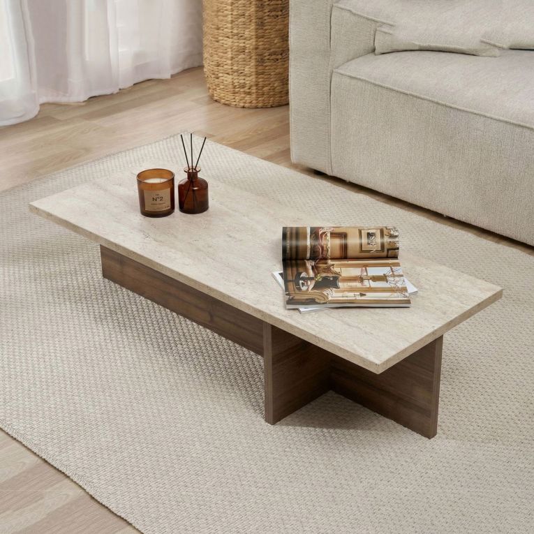 Tavolino da Salotto Marrone Noce Bianco Marmo Forma Rettangolare Materiale Piano in Legno Nobilitato 120x45x30h cm, Colore Ripiano Bianco - Marmorito