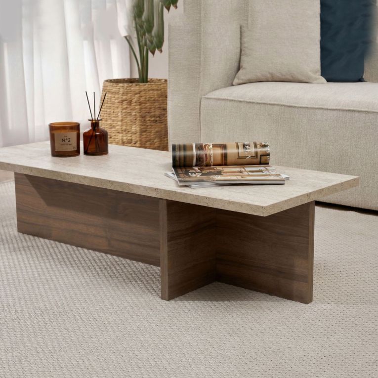 Tavolino da Salotto Marrone Noce Bianco Marmo Forma Rettangolare Materiale Piano in Legno Nobilitato 120x45x30h cm, Colore Ripiano Bianco - Marmorito