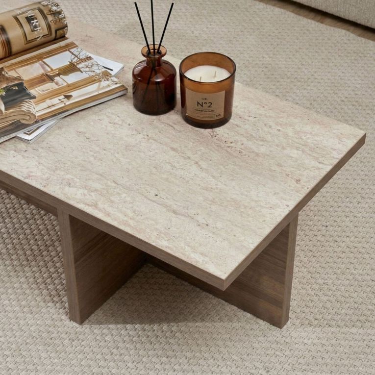 Tavolino da Salotto Marrone Noce Bianco Marmo Forma Rettangolare Materiale Piano in Legno Nobilitato 120x45x30h cm, Colore Ripiano Bianco - Marmorito