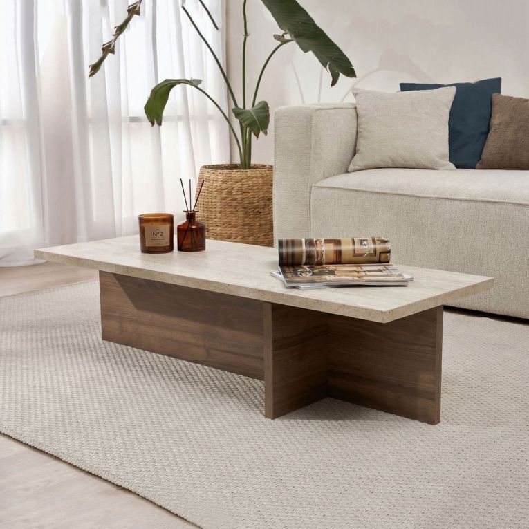 Tavolino da Salotto Marrone Noce Bianco Marmo Forma Rettangolare Materiale Piano in Legno Nobilitato 120x45x30h cm, Colore Ripiano Bianco - Marmorito