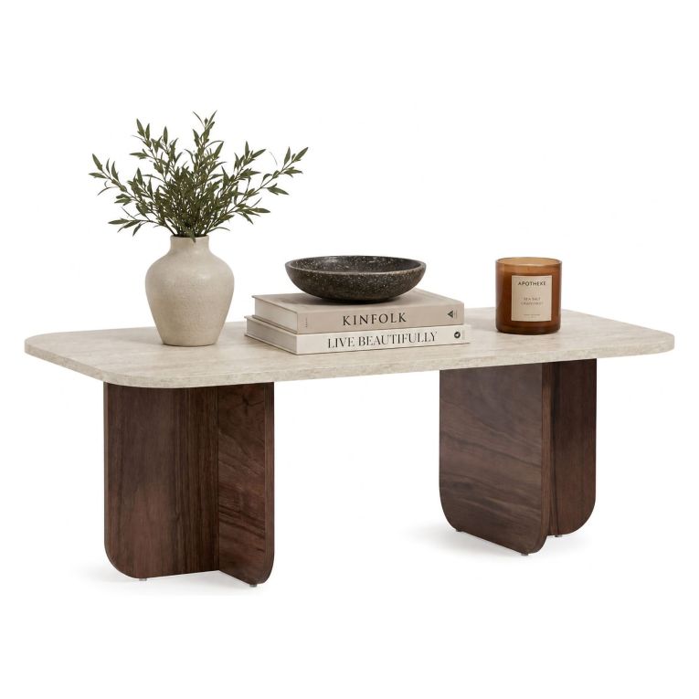 Tavolino da Salotto Marrone Noce Bianco Marmo Forma Rettangolare Materiale Piano in Legno Nobilitato 120x60x41h cm, Colore Ripiano Bianco - Nomeva