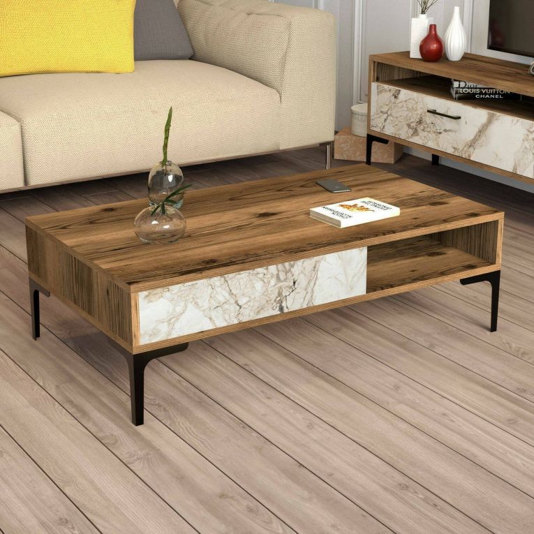 Tavolino da Salotto Marrone Noce Bianco Marmo Portariviste un Vano 105x60x33h cm, Forma Rettangolare - Gru