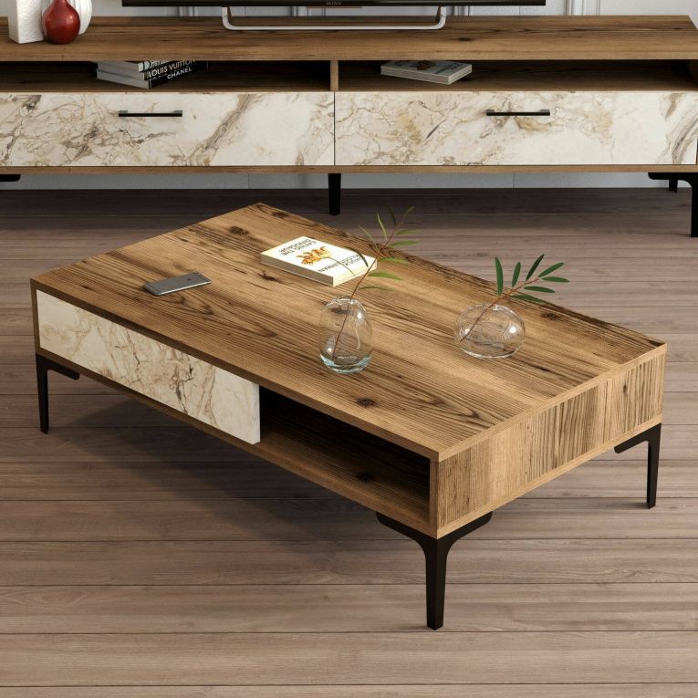 Tavolino da Salotto Marrone Noce Bianco Marmo Portariviste un Vano 105x60x33h cm, Forma Rettangolare - Gru
