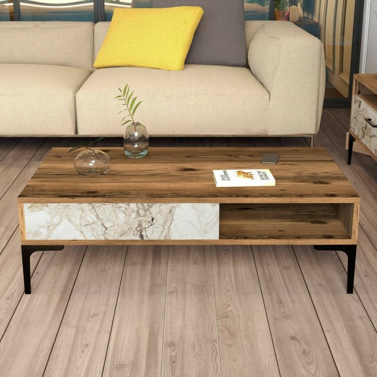 Tavolino da Salotto Marrone Noce Bianco Marmo Portariviste un Vano 105x60x33h cm, Forma Rettangolare - Gru