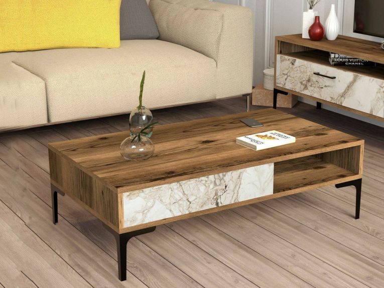 Tavolino da Salotto Marrone Noce Bianco Marmo Portariviste un Vano 105x60x33h cm, Forma Rettangolare - Gru