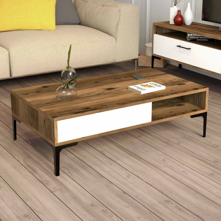 Tavolino da Salotto Marrone Noce Bianco Portariviste un Vano 105x60x33h cm, Forma Rettangolare - Gru
