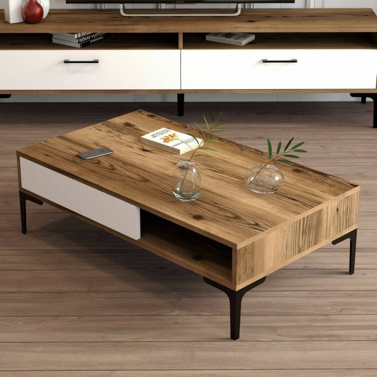 Tavolino da Salotto Marrone Noce Bianco Portariviste un Vano 105x60x33h cm, Forma Rettangolare - Gru