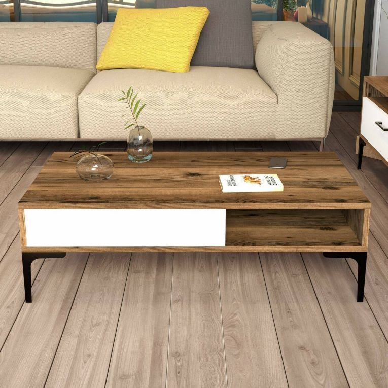 Tavolino da Salotto Marrone Noce Bianco Portariviste un Vano 105x60x33h cm, Forma Rettangolare - Gru