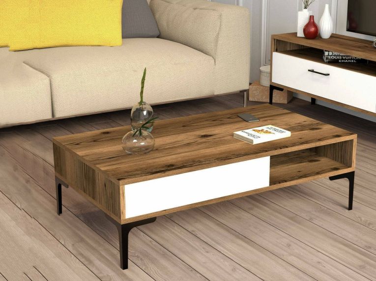 Tavolino da Salotto Marrone Noce Bianco Portariviste un Vano 105x60x33h cm, Forma Rettangolare - Gru