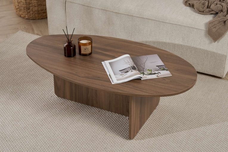 Tavolino da Salotto Marrone Noce Forma Ovale Materiale Piano in Legno Nobilitato 120x65x40h cm, Colore Ripiano Marrone - Parona