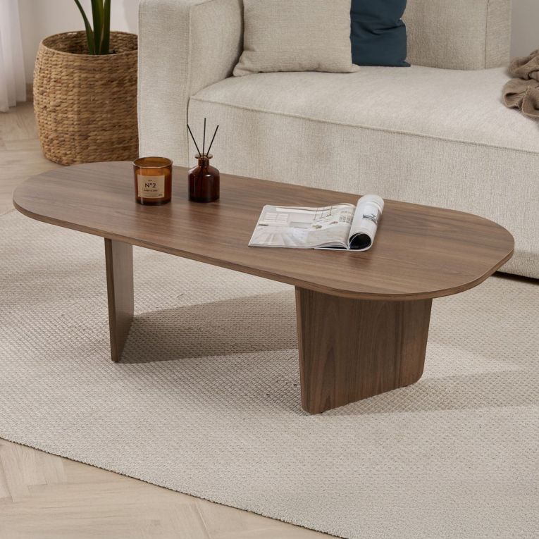 Tavolino da Salotto Marrone Noce Forma Ovale Materiale Piano in Legno Nobilitato 130x65x40h cm, Colore Ripiano Marrone - Dozza