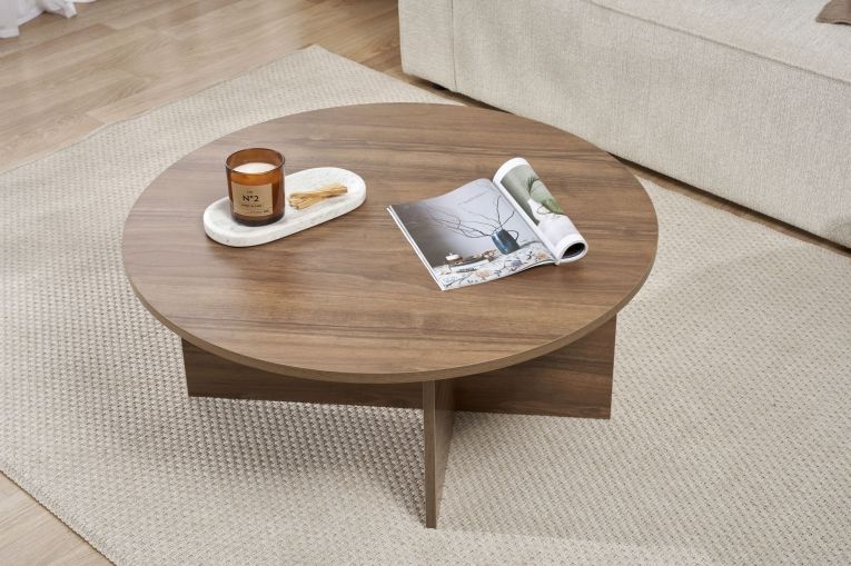 Tavolino da Salotto Marrone Noce Forma Rotondo Materiale Piano in Legno Nobilitato 90x90x40h cm, Colore Ripiano Marrone - Simbario