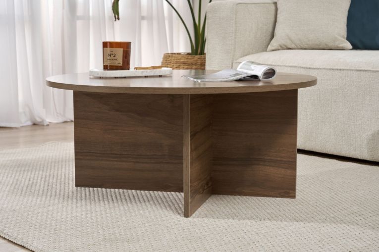 Tavolino da Salotto Marrone Noce Forma Rotondo Materiale Piano in Legno Nobilitato 90x90x40h cm, Colore Ripiano Marrone - Simbario