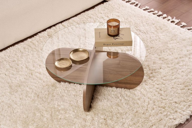 Tavolino da Salotto Marrone Noce Forma Rotondo Materiale Piano in Vetro 75x75x35h cm, Colore Ripiano Trasparente - Cugnoli
