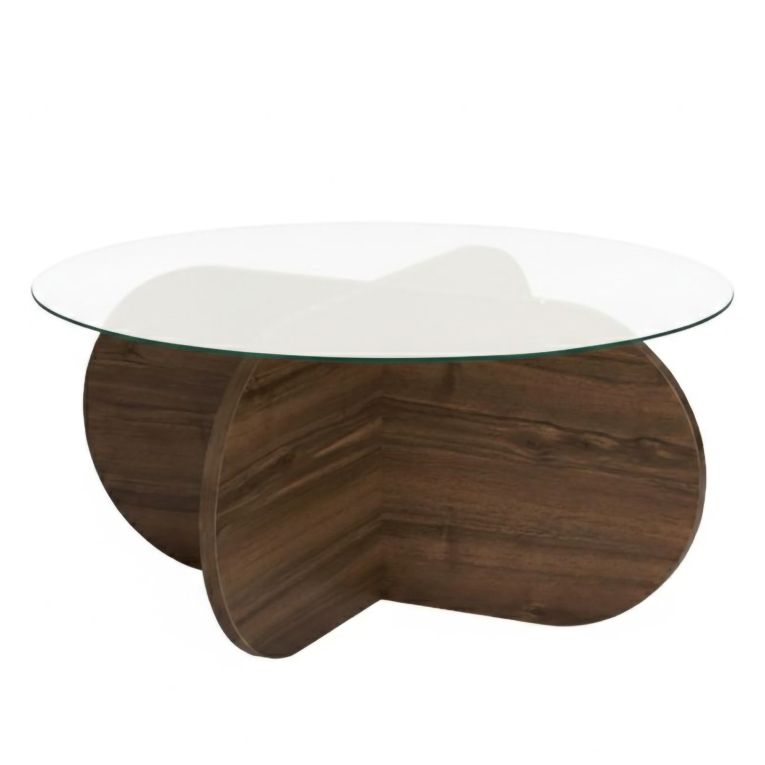 Tavolino da Salotto Marrone Noce Forma Rotondo Materiale Piano in Vetro 75x75x35h cm, Colore Ripiano Trasparente - Cugnoli