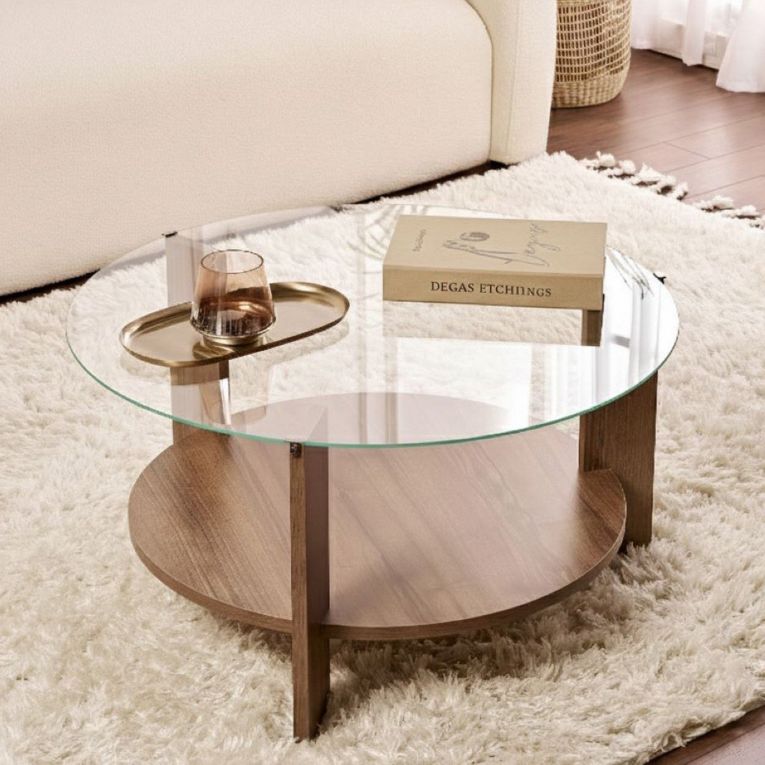 Tavolino da Salotto Marrone Noce Forma Rotondo Materiale Piano in Vetro 75x75x40h cm, Colore Ripiano Trasparente - Canevino