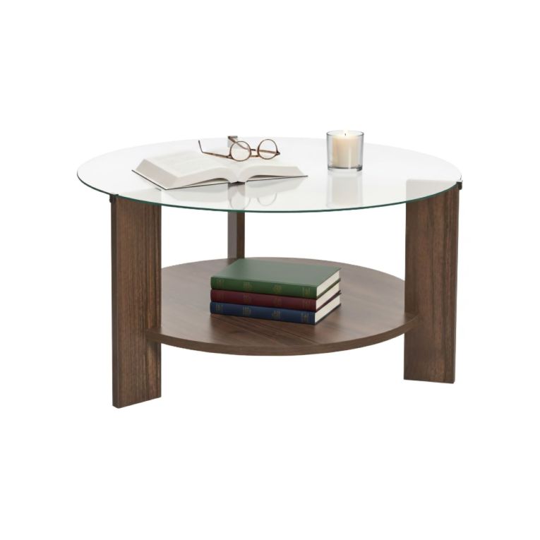 Tavolino da Salotto Marrone Noce Forma Rotondo Materiale Piano in Vetro 75x75x40h cm, Colore Ripiano Trasparente - Canevino