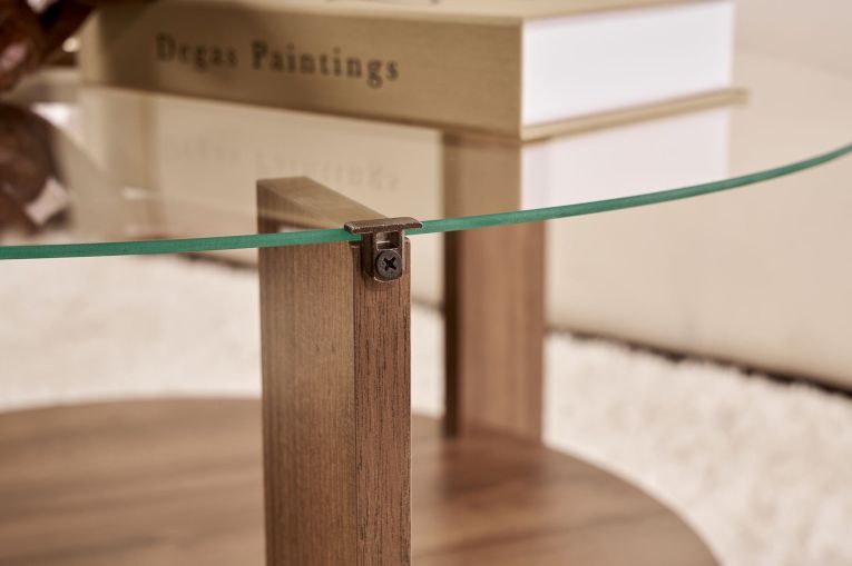 Tavolino da Salotto Marrone Noce Forma Rotondo Materiale Piano in Vetro 75x75x40h cm, Colore Ripiano Trasparente - Canevino