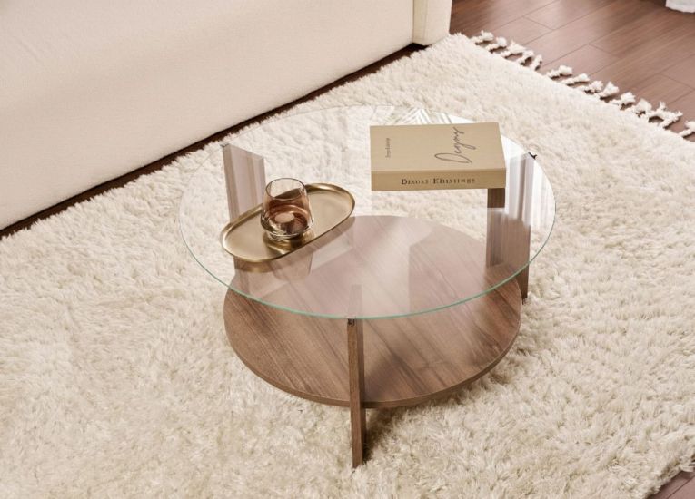 Tavolino da Salotto Marrone Noce Forma Rotondo Materiale Piano in Vetro 75x75x40h cm, Colore Ripiano Trasparente - Canevino