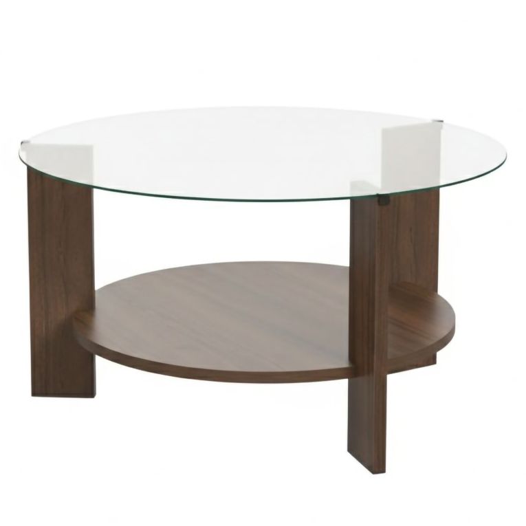 Tavolino da Salotto Marrone Noce Forma Rotondo Materiale Piano in Vetro 75x75x40h cm, Colore Ripiano Trasparente - Canevino