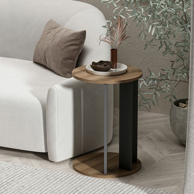 Tavolino da Salotto Marrone Noce Nero Antracite Forma Rotondo Materiale Piano in Legno Nobilitato 34x34x64h cm, Colore Ripiano Marrone - Penango