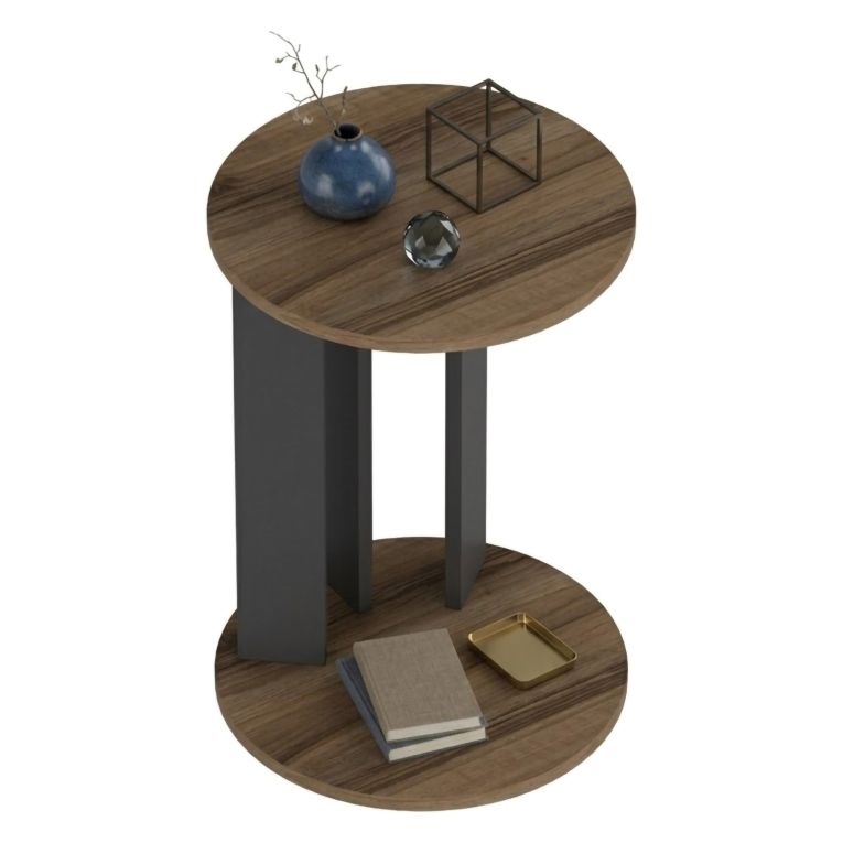 Tavolino da Salotto Marrone Noce Nero Antracite Forma Rotondo Materiale Piano in Legno Nobilitato 34x34x64h cm, Colore Ripiano Marrone - Penango