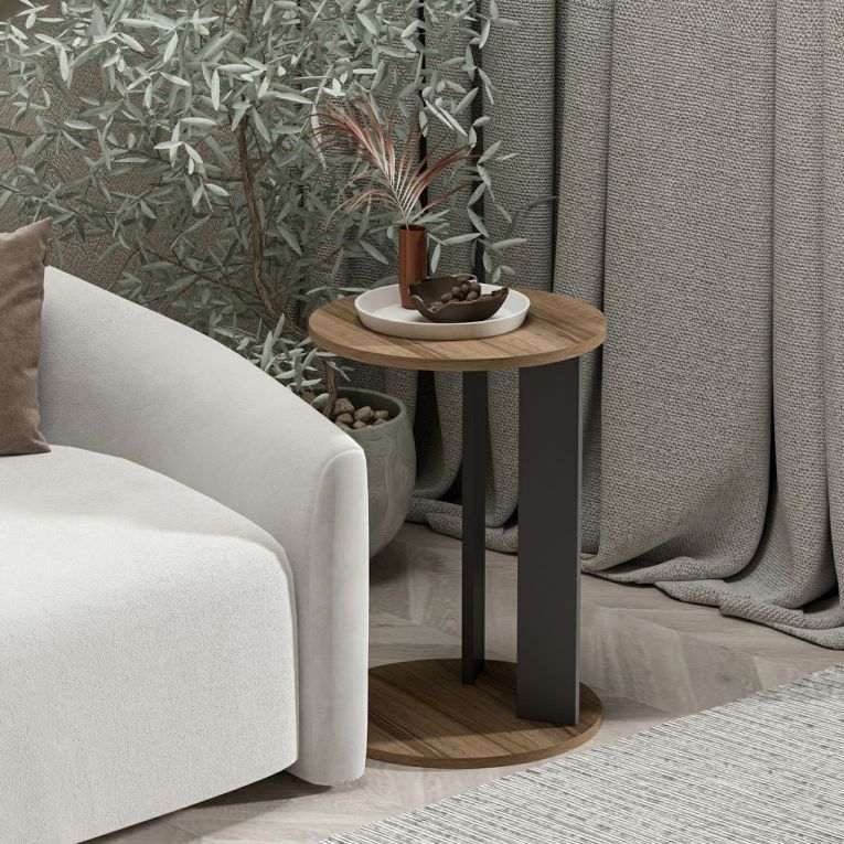 Tavolino da Salotto Marrone Noce Nero Antracite Forma Rotondo Materiale Piano in Legno Nobilitato 34x34x64h cm, Colore Ripiano Marrone - Penango