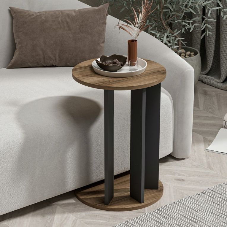 Tavolino da Salotto Marrone Noce Nero Antracite Forma Rotondo Materiale Piano in Legno Nobilitato 34x34x64h cm, Colore Ripiano Marrone - Penango