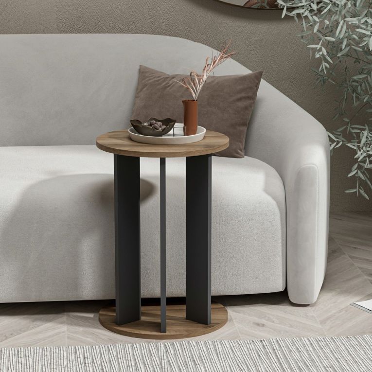 Tavolino da Salotto Marrone Noce Nero Antracite Forma Rotondo Materiale Piano in Legno Nobilitato 34x34x64h cm, Colore Ripiano Marrone - Penango