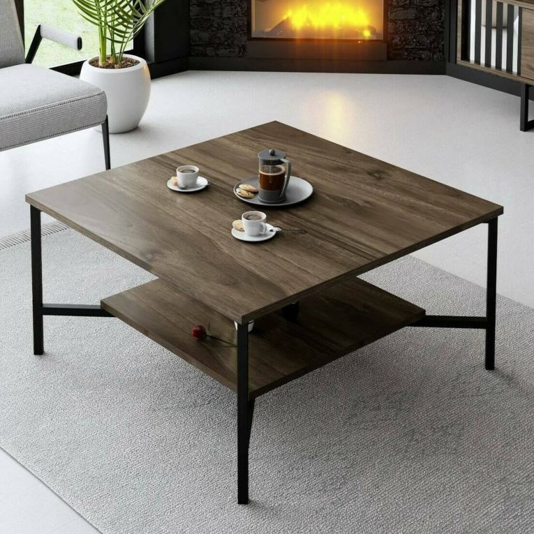 Tavolino da Salotto Marrone Noce Nero Portariviste un Vano 80x80x40h cm, Forma Quadrata - Mia