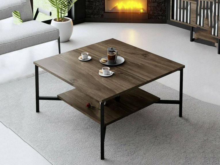 Tavolino da Salotto Marrone Noce Nero Portariviste un Vano 80x80x40h cm, Forma Quadrata - Mia