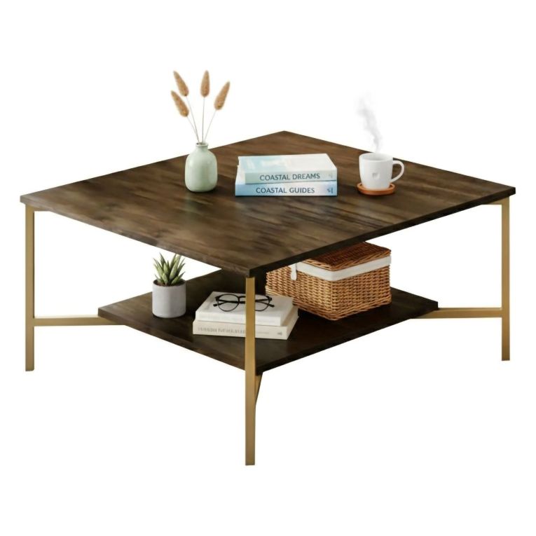 Tavolino da Salotto Marrone Noce oro Piedini oro un Vano 80x80x40h cm, Forma Quadrata - Mia