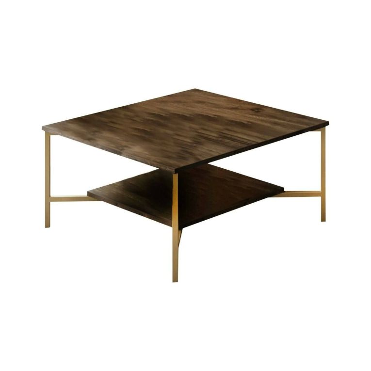 Tavolino da Salotto Marrone Noce oro Piedini oro un Vano 80x80x40h cm, Forma Quadrata - Mia