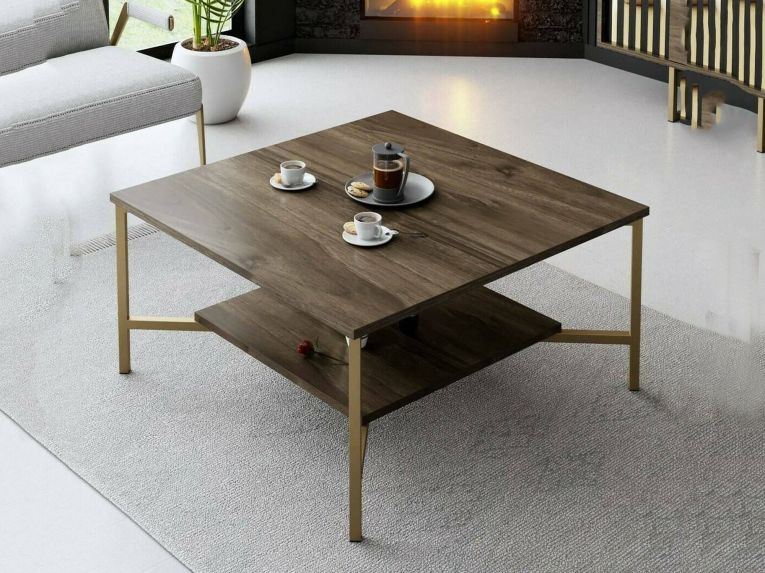 Tavolino da Salotto Marrone Noce oro Piedini oro un Vano 80x80x40h cm, Forma Quadrata - Mia