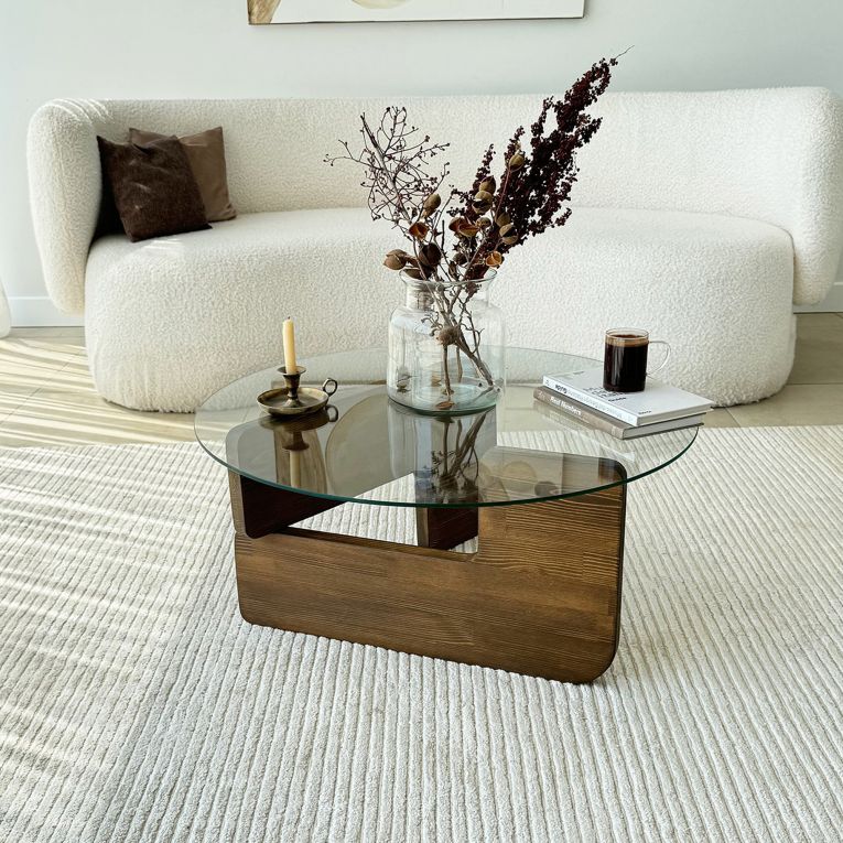 Tavolino da Salotto Marrone Noce Piano in Vetro Temperato Forma Rotondo 75x75x35h cm, Sfumatura Colore Struttura Noce - Cornalba