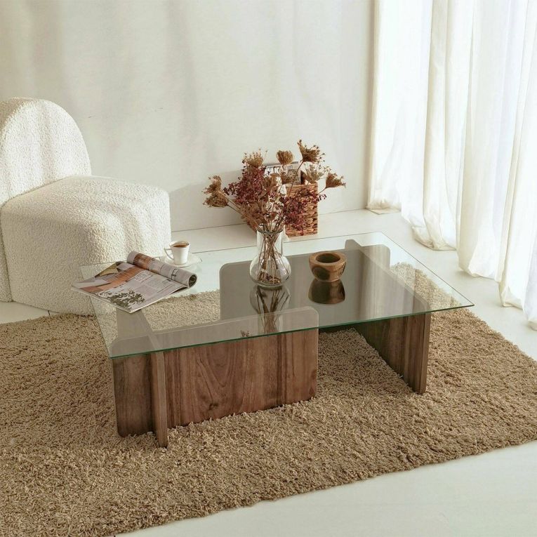 Tavolino da Salotto Marrone Noce Portariviste Angoli Arrotondati Forma Rettangolare 105x65x40h cm, Colore Ripiano Trasparente - Teti