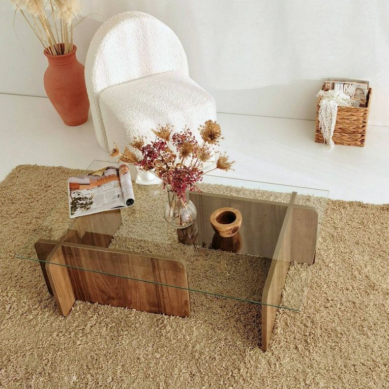 Tavolino da Salotto Marrone Noce Portariviste Angoli Arrotondati Forma Rettangolare 105x65x40h cm, Colore Ripiano Trasparente - Teti