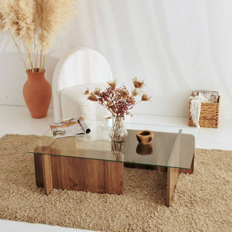 Tavolino da Salotto Marrone Noce Portariviste Angoli Arrotondati Forma Rettangolare 105x65x40h cm, Colore Ripiano Trasparente - Teti