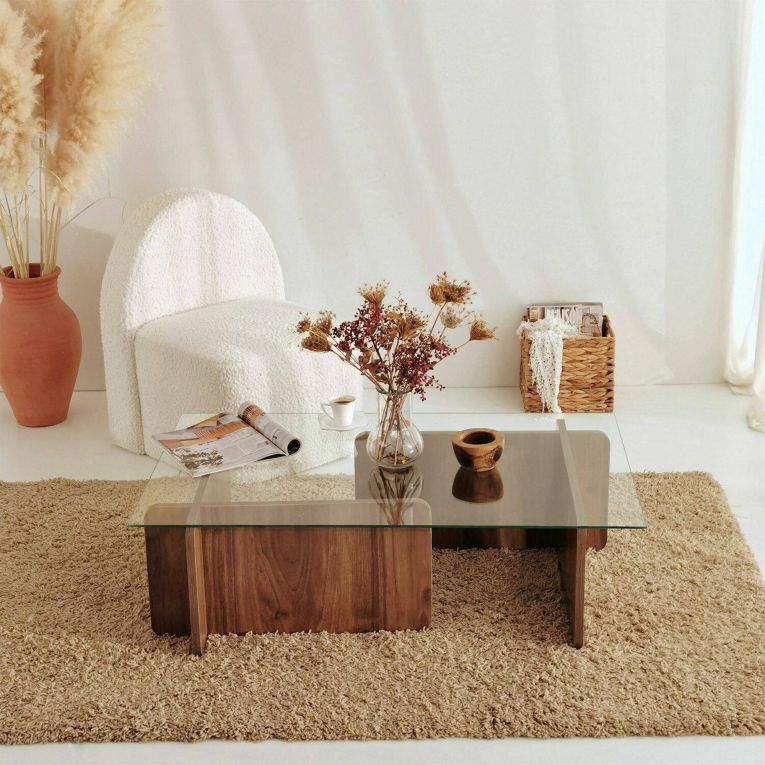 Tavolino da Salotto Marrone Noce Portariviste Angoli Arrotondati Forma Rettangolare 105x65x40h cm, Colore Ripiano Trasparente - Teti