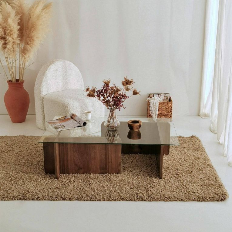 Tavolino da Salotto Marrone Noce Portariviste Angoli Arrotondati Forma Rettangolare 105x65x40h cm, Colore Ripiano Trasparente - Teti