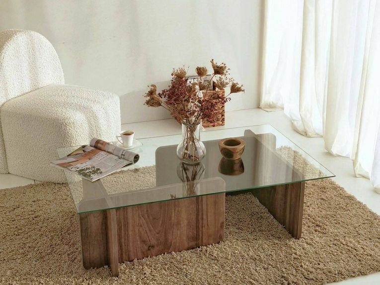 Tavolino da Salotto Marrone Noce Portariviste Angoli Arrotondati Forma Rettangolare 105x65x40h cm, Colore Ripiano Trasparente - Teti