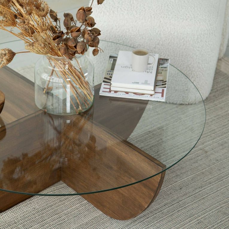 Tavolino da Salotto Marrone Noce Scuro Portariviste Forma Rotonda 90x90x30h cm, Colore Ripiano Trasparente - Jolanda