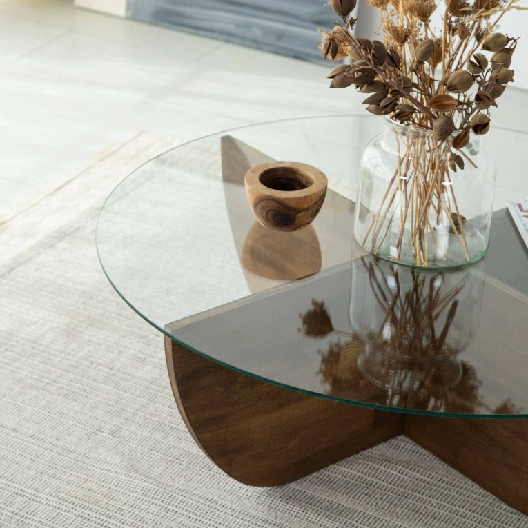 Tavolino da Salotto Marrone Noce Scuro Portariviste Forma Rotonda 90x90x30h cm, Colore Ripiano Trasparente - Jolanda