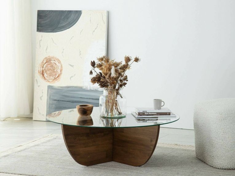 Tavolino da Salotto Marrone Noce Scuro Portariviste Forma Rotonda 90x90x30h cm, Colore Ripiano Trasparente - Jolanda