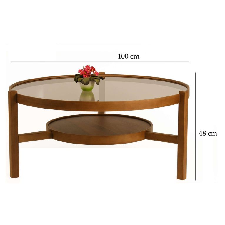 Tavolino da Salotto Marrone Noce un Vano Piano in Vetro Temperato 100x100x48h cm, Forma Rotondo - Olzai