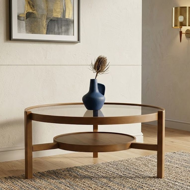 Tavolino da Salotto Marrone Noce un Vano Piano in Vetro Temperato 100x100x48h cm, Forma Rotondo - Olzai