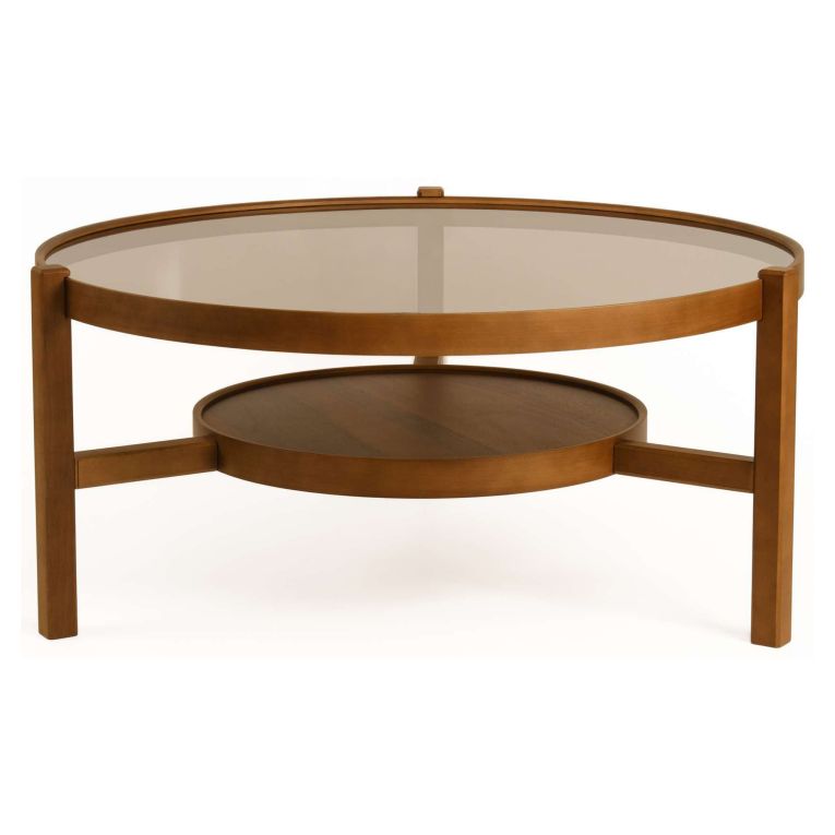 Tavolino da Salotto Marrone Noce un Vano Piano in Vetro Temperato 100x100x48h cm, Forma Rotondo - Olzai