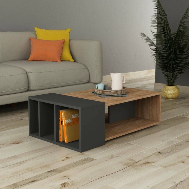 Tavolino da Salotto Marrone Quercia Nero Antracite 4 Vani Forma Rettangolarearrotondata 102x60x32h cm, Colore Ripiano Marrone - Tufo