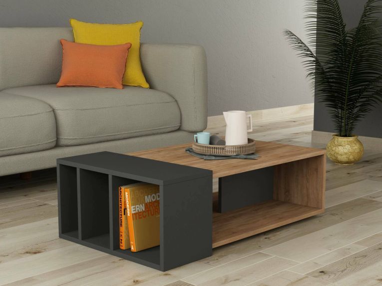 Tavolino da Salotto Marrone Quercia Nero Antracite 4 Vani Forma Rettangolarearrotondata 102x60x32h cm, Colore Ripiano Marrone - Tufo